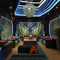 Vintage Bar Interior With Blue Counter Red Sofas Green Brick Walls And Chandeliers