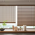 Modern Brown and Beige Blinds on Window Sill with Plants Decorations Books