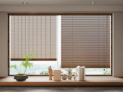 Modern Brown and Beige Blinds on Window Sill with Plants Decorations Books 3d model