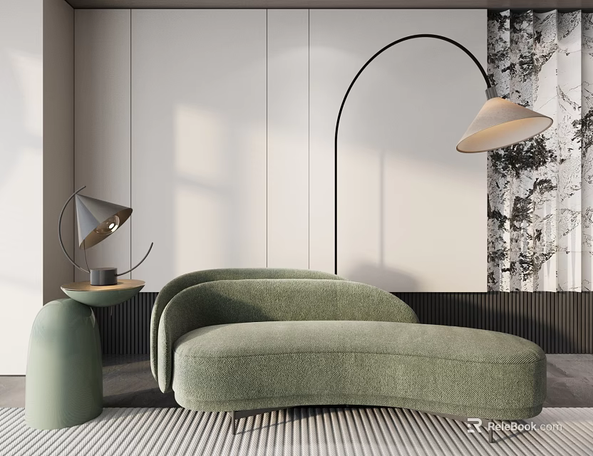 Light Green Sectional Sofa With Green Side Table Arched Floor Lamp Patterned Curtains Striped Carpet 3d model