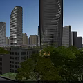 Modern Commercial Complex With Tall Glass Buildings Illuminated Overpass Connecting Buildings And Evening Greenery Landscape