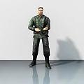 Man In Green Uniform Standing On Smooth Floor With White Background And Shadow