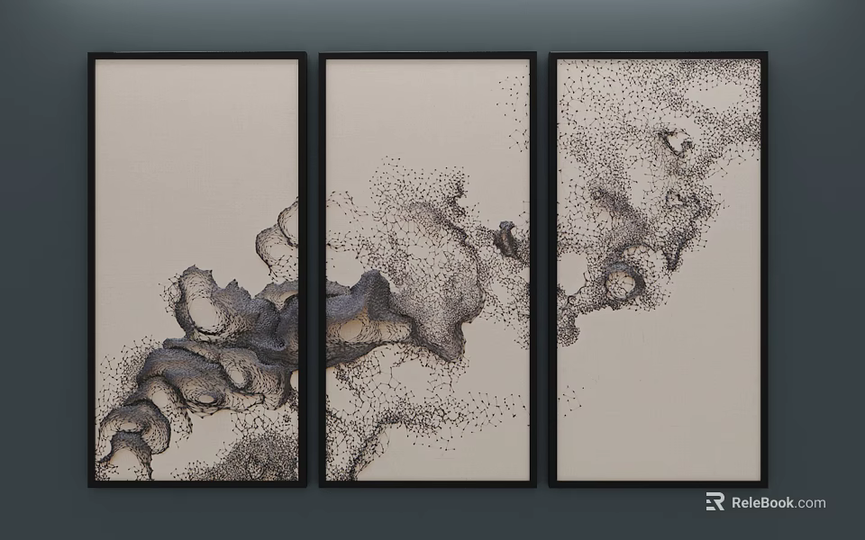 Three Panel Abstract Painting With Dotted Patterns Beige Background Black Frames 3d model