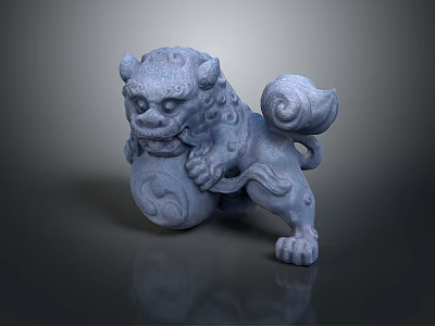 Traditional Chinese Stone Lion Statue With Curled Mane Clutching Decorative Ball 3d model