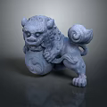 Traditional Chinese Stone Lion Statue With Curled Mane Clutching Decorative Ball