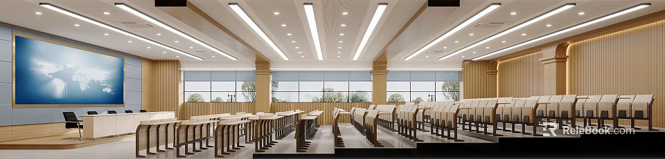 Modern Conference Room With Bright Lighting Long Tables Wooden Pillars Large Windows And Green Plants 3d model 