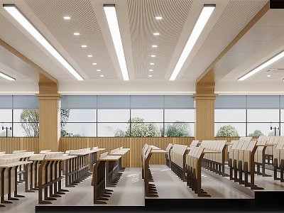 Modern Conference Room With Bright Lighting Long Tables Wooden Pillars Large Windows And Green Plants 3d model