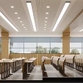 Modern Conference Room With Bright Lighting Long Tables Wooden Pillars Large Windows And Green Plants