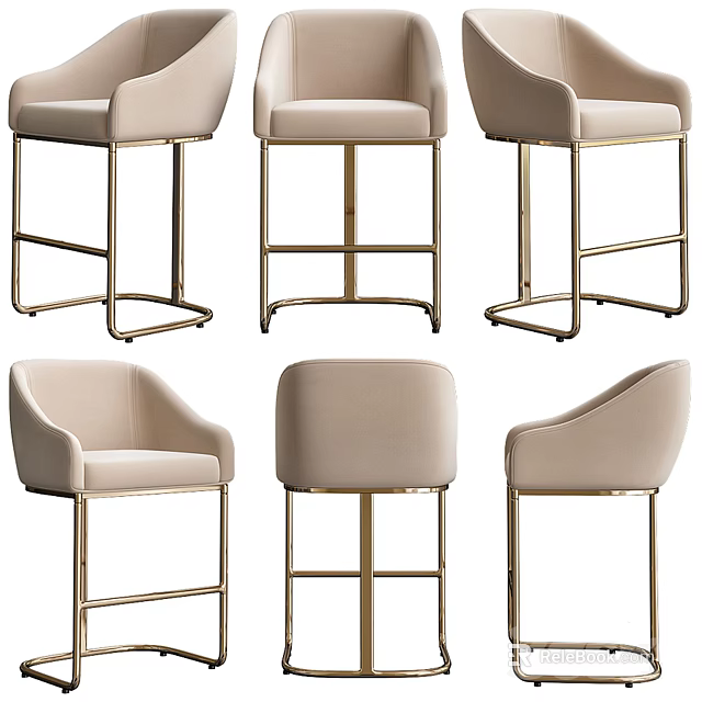 Elegant Modern Bar Stools With Velvet Upholstery And Gold Metal Frame Displayed In Various Angles 3d model 