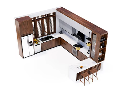 Modern Kitchen Interior Featuring Walnut Cabinets White Countertop Island And Bar Stools 3d model