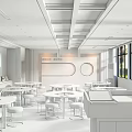 School Cafeteria Design With White Round Tables Green Seats Circular Wall Decor And Large Windows