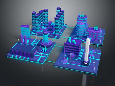 Futuristic City Architecture 3D Model With Tall Buildings Neon Lights And Connected Structures 3d model