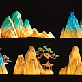 Traditional Chinese Mountain Hanging Decorations With Pine Pavilion And Clouds 3d model