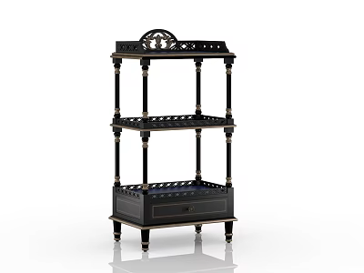 Vintage Style Black Gold Etagere with Decorative Top Openwork Shelves and Drawer 3d model