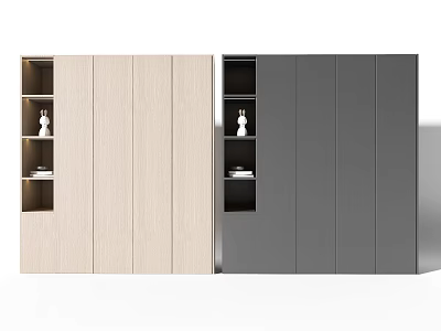 Modern Wardrobe With Light And Dark Wooden Panels And Open Storage Compartments 3d model