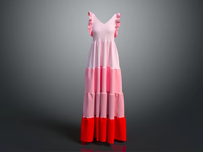 Elegant Long Dress With V Neck Ruffle Shoulders And Pink Red Tiered Layers 3d model