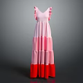 Elegant Long Dress With V Neck Ruffle Shoulders And Pink Red Tiered Layers