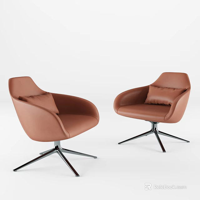 Two Brown Leather Office Chairs With Backrest Armrests And Metal Base 3d model 