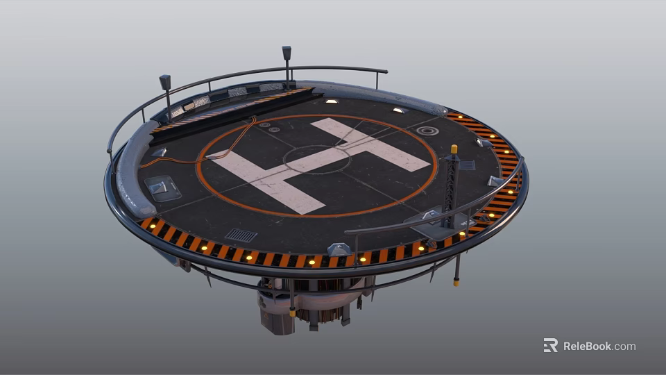 Circular Helipad With Central H Mark Orange Black Warning Stripes And Railing 3d model 