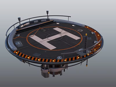 Circular Helipad With Central H Mark Orange Black Warning Stripes And Railing 3d model