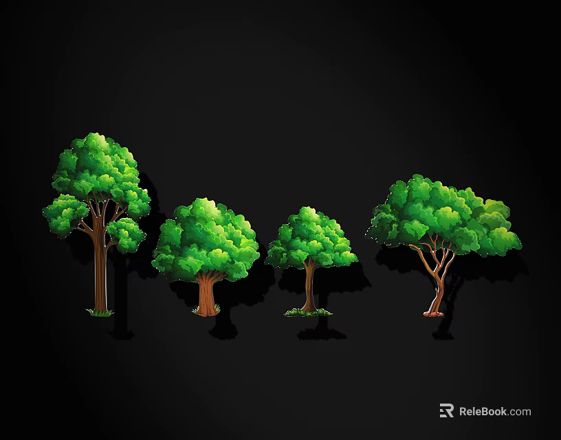 Cartoon Style Green Trees With Different Sizes And Shapes On Black Background 3d model