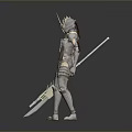 Silver Armored Character With Horned Helmet Holding Intricate Spear In Standing Pose