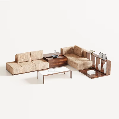 Casual L Shaped Sofa Set With Linen Fabric And Wooden Coffee Table 3d model