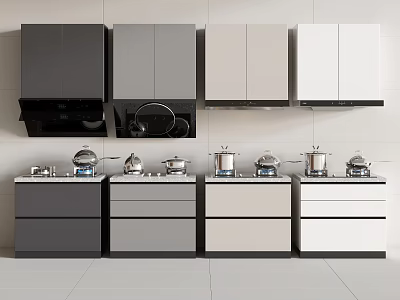 Modern Kitchen With Black Gray Beige White Cabinets And Appliances Stovetops Range Hoods 3d model