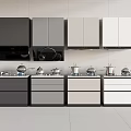 Modern Kitchen With Black Gray Beige White Cabinets And Appliances Stovetops Range Hoods