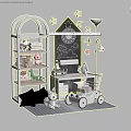 Stuffed Cat Fox Dinosaur Dolls on White Shelf with Books Blackboard Stars Clock and Trolley