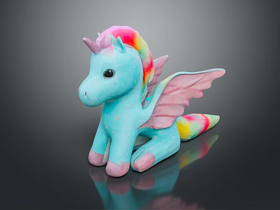 Cute Blue Unicorn Plush Toy with Rainbow Mane Wings and Pink Hooves on Black Background 3d model