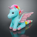 Cute Blue Unicorn Plush Toy with Rainbow Mane Wings and Pink Hooves on Black Background
