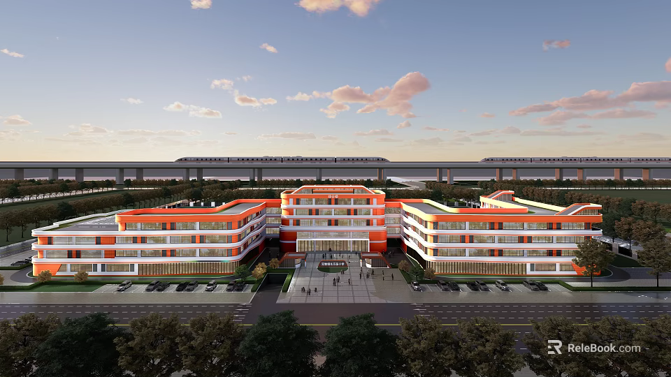 Orange And White Modern School Building With Multi Story Classrooms Campus Square And Trees 3d model 