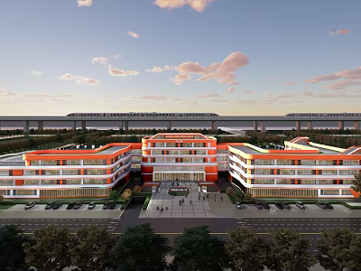 Orange And White Modern School Building With Multi Story Classrooms Campus Square And Trees 3d model