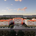 Orange And White Modern School Building With Multi Story Classrooms Campus Square And Trees