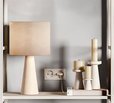 Modern Table Lamp with Square Beige Shade on Shelf Beside Candle Holders Against Gray Wall 3d model