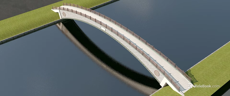 Scenic Arch Bridge With Railing And Reflection Over Calm Water By Green Grass 3d model 