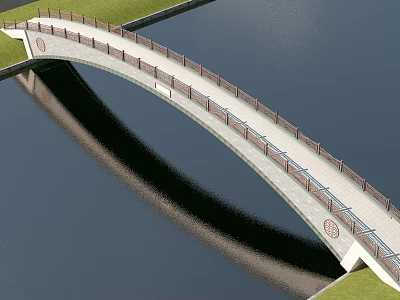 Scenic Arch Bridge With Railing And Reflection Over Calm Water By Green Grass 3d model