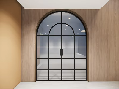 Minimalist Modern Double Doors Interior With Arched Glass Panes And Wooden Wall Design 3d model
