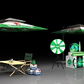 Outdoor Event Setup With Green White Umbrellas Table Chairs Spin Wheel And Display Boxes 3d model