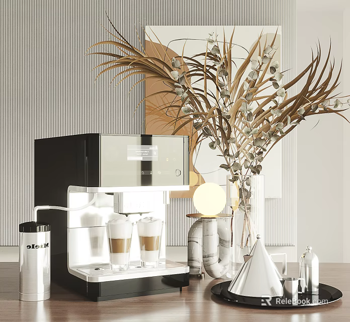 Modern Kitchen Setting With Automatic Coffee Machine Double Cups And Decorative Plants 3d model 