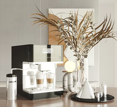 Modern Kitchen Setting With Automatic Coffee Machine Double Cups And Decorative Plants 3d model