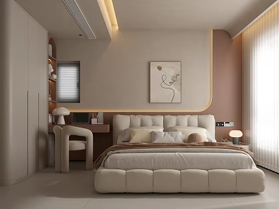 Modern Kids Room Interior With Beige Tufted Bed Pillows Desk Lamp And Abstract Painting 3d model