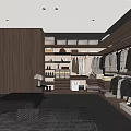 Modern Walk-in Closet Interior Design With Wooden Shelves Hanging Clothes And Storage Boxes