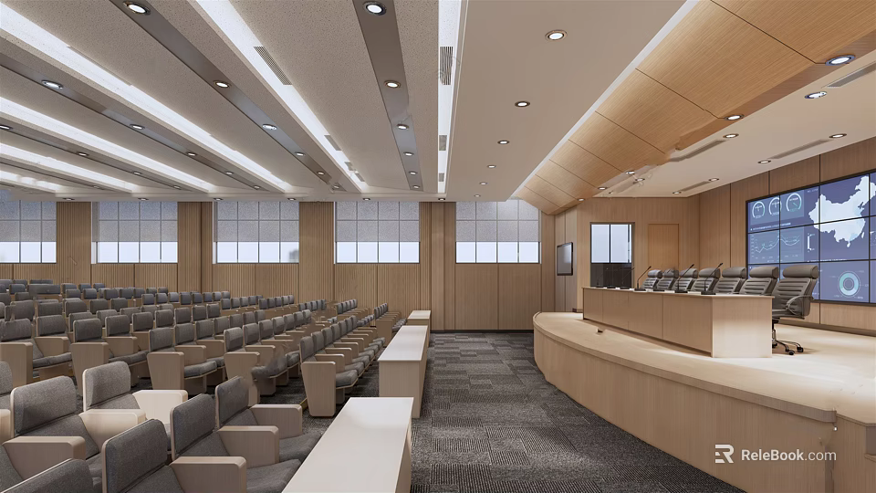 Large Theater Style Conference Room With Wooden Walls Gray Seats Podium And Projection Screen 3d model 