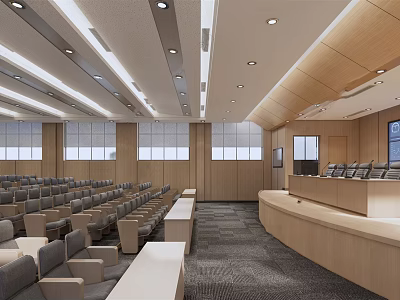 Large Theater Style Conference Room With Wooden Walls Gray Seats Podium And Projection Screen 3d model