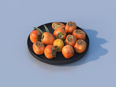 Fresh Ripe Persimmons on Black Plate with Green Leaf Decoration 3d model