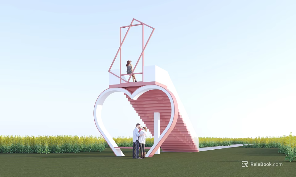 Commercial Equipment Heart Shaped Design With Red Staircase Frame And Outdoor Green Grass 3d model 