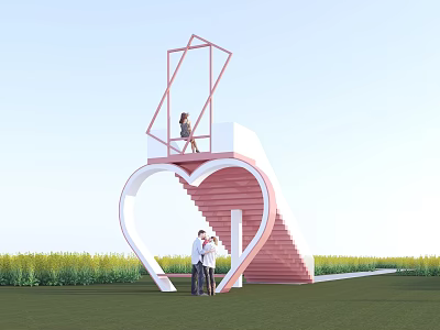 Commercial Equipment Heart Shaped Design With Red Staircase Frame And Outdoor Green Grass 3d model