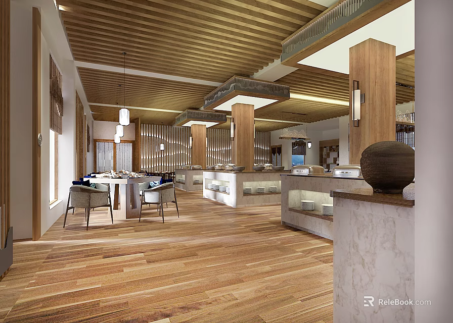 Modern Restaurant Interior With Open Layout Wooden Ceiling And Dining Tables 3d model